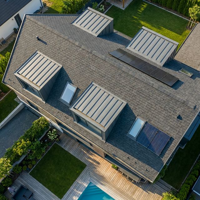 Stunning hyper-detailed aerial top-down view of modern residential roof